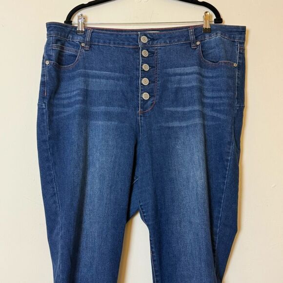 ELOQUII Gena Fit Peach Lift Button Fly Jeans, Size 22 Dark Wash - Picture 2 of 15